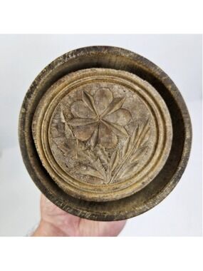 Vintage Wooden Butter Mold Press Floral Folk Art Carved Round Primitive Kitchen